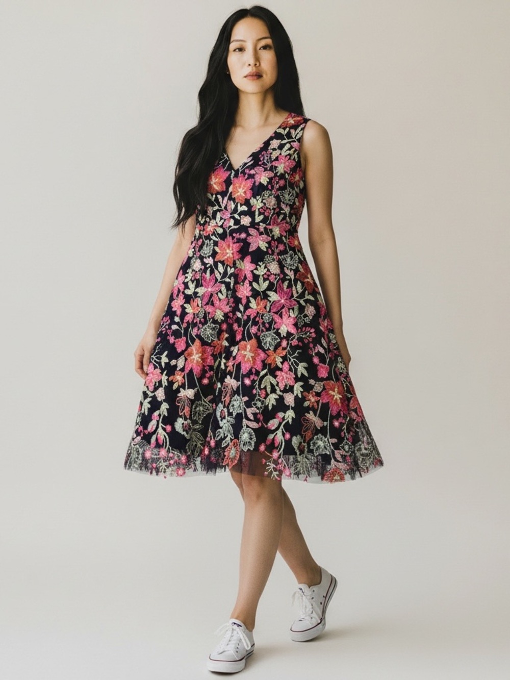 Jessica Howard Black Dress with Pink and Coral Floral Embroidery